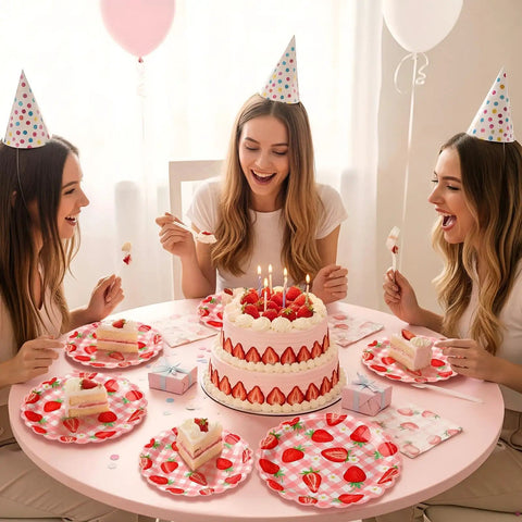 Totally Dope Pink Plaid Strawberry Print Disposable Paper Plates 60 Pack With 9 And 7 Inch Sizes at a birthday party with cake.