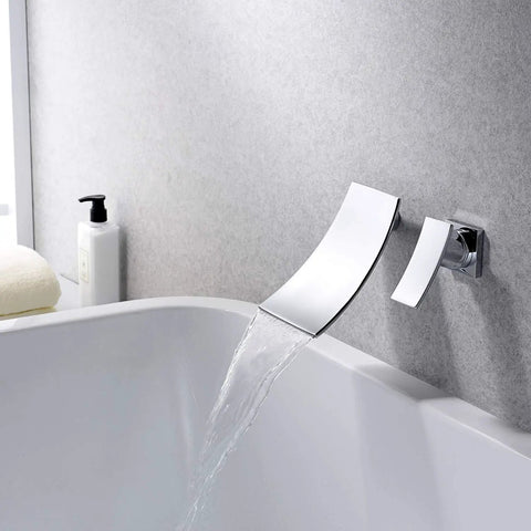 Wall Mount Bathtub Faucet With Waterfall Tub Filler, Brass Chrome Finish, Ceramic Cartridge, Leak Free Design, ICC ES PMG Certified