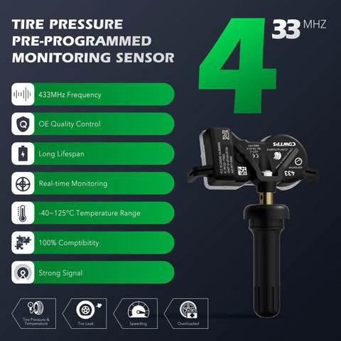 Set Of 4 TPMS Sensor 433MHz Replacement Tire Pressure Monitor System For Chrysler, Dodge, Jeep, Fiat Vehicles Including 200, Pacifica, Voyager, Dart, Durango, Grand Cherokee, Compass, Patriot, Renegade, And 500X on black background