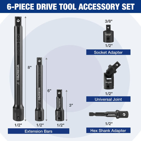Built To Last Half Inch Drive Impact Socket Extension Set With 3 Inch 6 Inch And 8 Inch Extension Bars Universal Joint Socket Adapter Premium CR-V Steel Black Phosphate Finish showing various components labeled with sizes.
