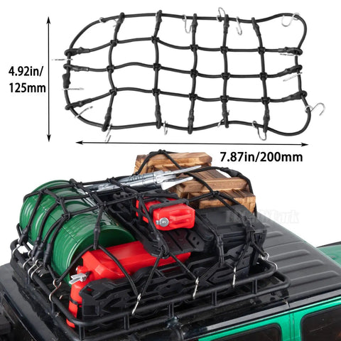 RC Crawler Roof Decoration Kit For One Tenth Scale TRX Four TRX Six SCX Ten Gen Seven And Eight Fifteen Piece Upgrade Set shown secured with luggage net on RC vehicle roof, includes steel drum and wooden box, size details displayed.