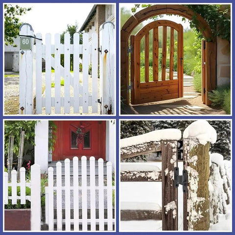 Various gates featuring Premium Heavy Duty 304 Stainless Steel Gate Hinges 2 Pack Wall Mounted Rust Resistant Surface Mount Hardware.