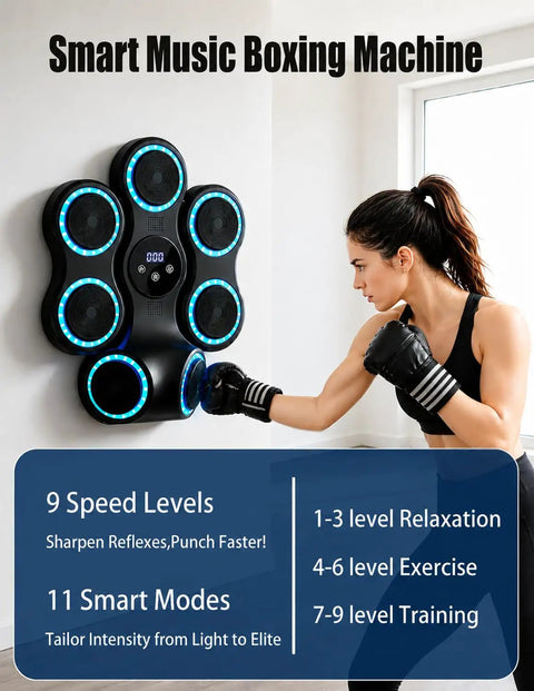 Woman using Wall Mounted Boxing Trainer With 3D Uppercut Targets, Smart Musical Boxing Machine For Stress Relief.
