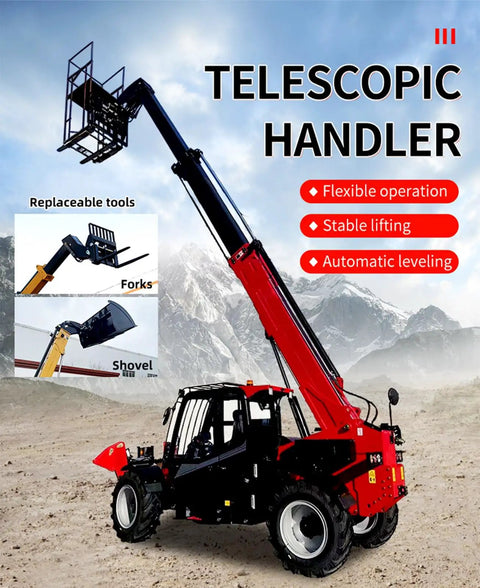 Heavy Duty Telescopic Boom Handler Forklift With Smart Transmission And Auto Leveling Frame Built Damn Tough For No Sweat Jobsite Hauling And Quick Adapter Swaps, showing lifting capabilities and attachment options.