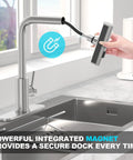 Top Tier Kitchen Sink Faucet Featuring A Smooth Pull Down Sprayer Integrated Soap Dispenser And Heavy Duty Brushed Finish for secure docking.