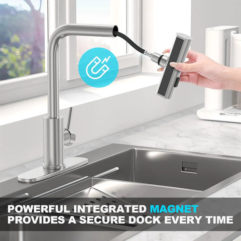 Top Tier Kitchen Sink Faucet Featuring A Smooth Pull Down Sprayer Integrated Soap Dispenser And Heavy Duty Brushed Finish for secure docking.