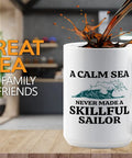 15oz White Sailor Coffee Mug For Boaters And Captains with quote, perfect morning coffee on the go, on a kitchen counter.