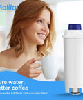 Molifal water filter cartridge with blue cap for De'Longhi coffee machines, shown beside a smiling woman with a mug