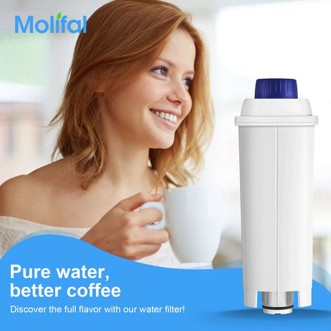 Molifal water filter cartridge with blue cap for De'Longhi coffee machines, shown beside a smiling woman with a mug