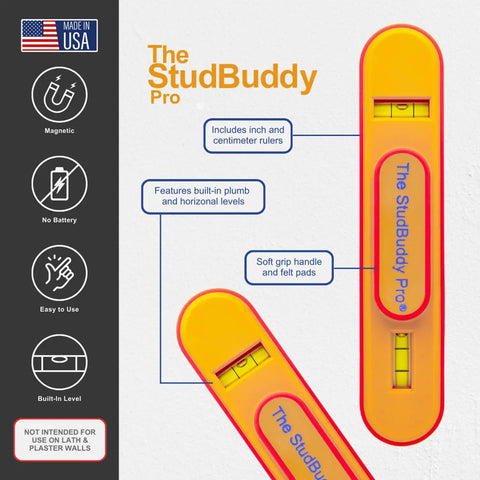 Magnetic Stud Finder With Level, Easy Handheld Locator For Drywall And Wood, Made In The USA, front view with built-in level