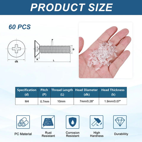 Top Shelf 60 Pieces M4 X 10mm Clear Polycarbonate Phillips Flat Head Countersunk Machine Screws dimensions and specifications.