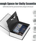 Diversion Book Safe With Three Digit Combination Lock Hidden Safe In Plain Sight For Cash Jewelry Passports And Other Valuables Stash Ready Metal Box Nine Point Five By Six Point Two By Two Point Two Inches Black showing open with cash, passport, and coins inside.