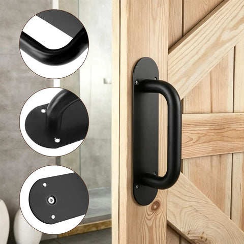 9 Inch Stainless Steel Barn Door Handle Black Heavy Duty Pull For Barn Doors And Home Rooms Easy Install Durable Hardware Beefy Construction With Smooth Surface Anti Slip Grip And Simple Mounting For Indoor Outdoor Use, mounted on wooden door
