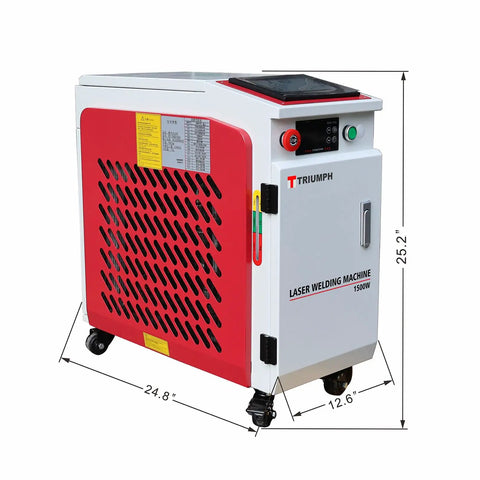 Heavy Duty 1500W Handheld Fiber Laser Welder With Auto Wire Feeder And 10M Cable, shown in red and white with specifications.