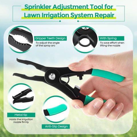 Sprinkler Pull Up Tool For Pop Up Heads Grab And Go Design with easy grip handles, showing gripper teeth, metal tip, and spring action