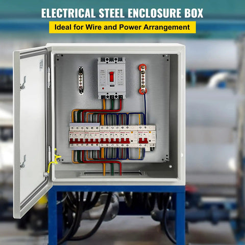 Heavy Duty NEMA Steel Enclosure 24 x 24 x 12 Inch Outdoor Indoor IP66 Waterproof Dustproof Electrical Box With Mounting Plate Built To Last For Weatherproof Industrial Use, open with wiring