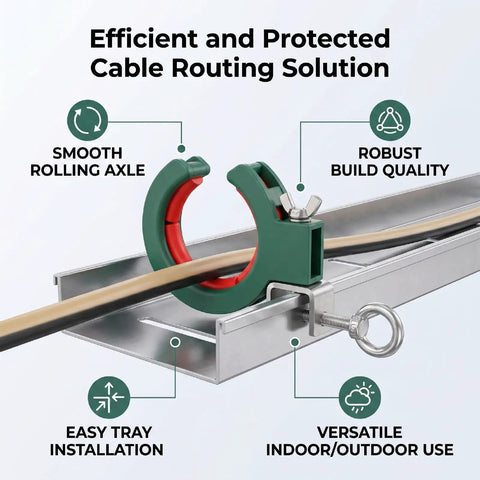 Three Piece 65mm Cable Laying Auxiliary Tool Kit Green for cable tray setup, rolling axle guide, easy repositioning