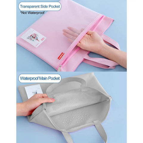 Mesh Zipper Pouch With Double Pocket Waterproof File Bag With Handle, A4 Foldable Document Storage shown in pink and gray