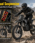 Heavy Duty Off Road Electric Dirt Bike With A Beast Mode 60V 30Ah Battery And 6000W Peak Motor showcasing dual shock suspension and rugged design.