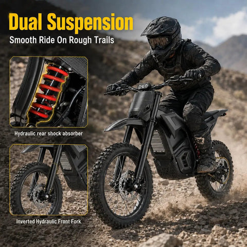 Heavy Duty Off Road Electric Dirt Bike With A Beast Mode 60V 30Ah Battery And 6000W Peak Motor showcasing dual shock suspension and rugged design.