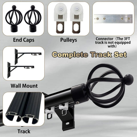 Heavy Duty Aluminum Curtain Track System, Wall Mounted With Quiet Glide, Roman Rod Style Rail For Living Room, Bedroom, And Room Divider, Black Finish, 12ft Length, smooth track set with end caps, pulleys, connector, wall mount