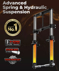 Mini Bike Front Fork Suspension Kit With Beefed Up Hydraulic Shocks for universal fit, shown with spring and hydraulic suspension details
