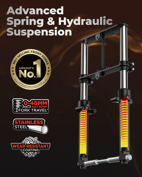 Mini Bike Front Fork Suspension Kit With Beefed Up Hydraulic Shocks for universal fit, shown with spring and hydraulic suspension details