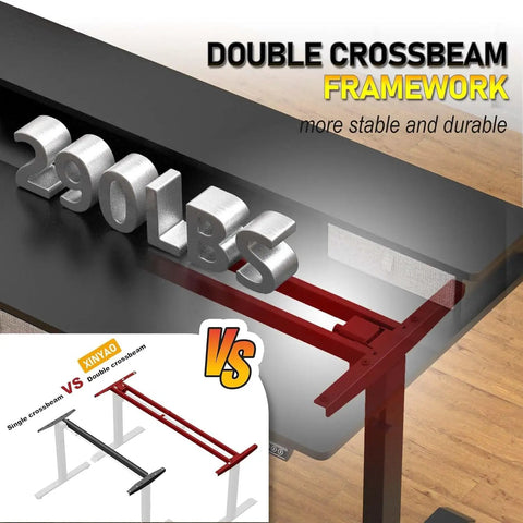 Xin Yao 63 Inch Electric Standing Desk With Five Drawers showing double crossbeam framework, supporting 290lbs for stability and durability.