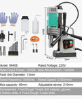 Portable Magnetic Drill Press With 2923 Lbs Electromagnetic Base, Variable Speed Motor For Steel And Metal Fabrication Jobs, 1-9/16 Inch Boring Diameter Core Drill Machine For Heavy Duty Industrial Use with accessories and specifications displayed.