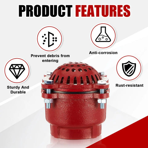 3 Inch Cast Iron Foot Valve NPT Threaded For Water Service Only Red Painted Finish Built Tough Industrial Grade Heavy Duty Durable Check Valve with feature icons