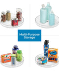 Four clear 9-Inch Lazy Susan Organizer for Cabinets and Pantries with various items like spices, bottles, and medicine showcasing versatility.
