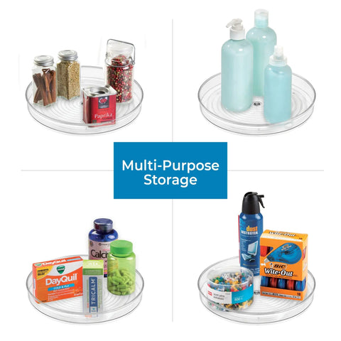 Four clear 9-Inch Lazy Susan Organizer for Cabinets and Pantries with various items like spices, bottles, and medicine showcasing versatility.