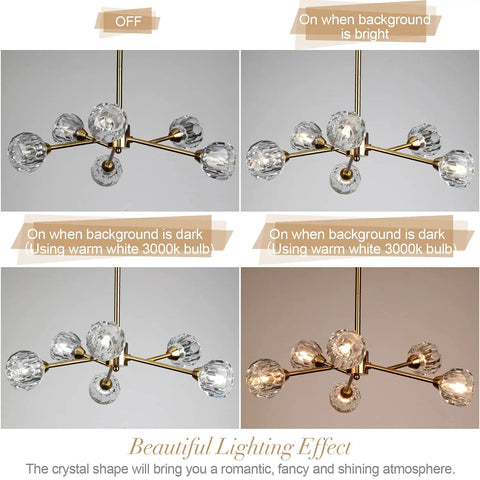 Lighting effects of Gold Sputnik Crystal Chandelier, 6 Light Modern Dining Room Fixture Over Table, Glam Brass Finish