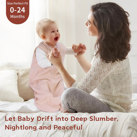 Mother holding baby wearing all cotton baby sleep sack 0 to 6 months TOG 0.5 wearable blanket three pack with two way zipper.