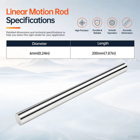 Get Smooth Motion With This 2 Pack 6mm X 200mm Linear Motion Rod Set, showing specifications for diameter and length.