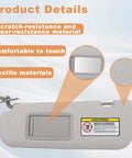 Close-up of Hyundai Elantra Sun Visor showing gray leather texture, built-in mirror, and warning label
