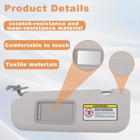 Close-up of Hyundai Elantra Sun Visor showing gray leather texture, built-in mirror, and warning label