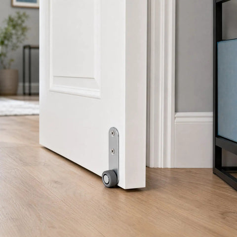 Durable Steel Construction Two Pack 1.5 Inch Anti Sag Door Support Wheels Low Profile Caster Hardware shown on a white door.