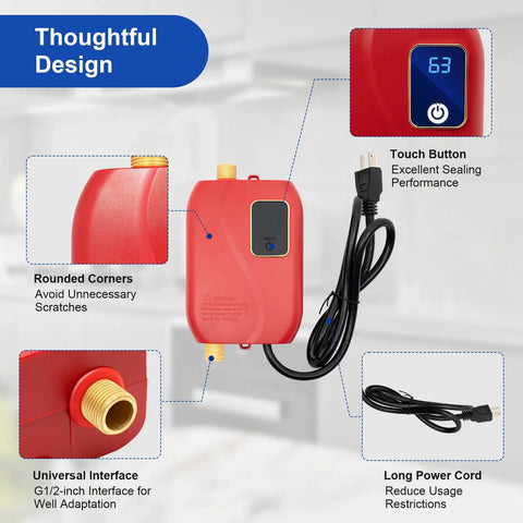 On Demand 110V Tankless Water Heater Electric Wall Mount Straight Up Instant Hot Water For Kitchen And Bathroom Compact Portable Mini Eco Setup showing red unit with touch button, rounded corners, and long power cord.