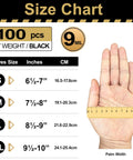 Front view of ARKEVA 9 mil black nitrile disposable glove size chart showing S-XL sizes and palm-width image