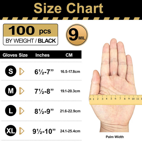 Built Tough 9 Mil Black Nitrile Disposable Work Gloves Xx Large 1000 Count size chart with palm width measurements.