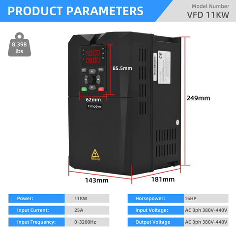 Heavy Duty 11kW 15HP VFD Inverter For 380V 440V Three Phase Power, 25A Output, product dimensions and specifications