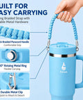 40 Oz Double Wall Insulated Travel Tumbler With Detachable Paracord Handle And Leakproof Lid showing strong braided strap details.