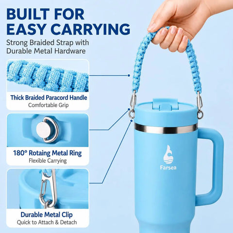 40 Oz Double Wall Insulated Travel Tumbler With Detachable Paracord Handle And Leakproof Lid showing strong braided strap details.