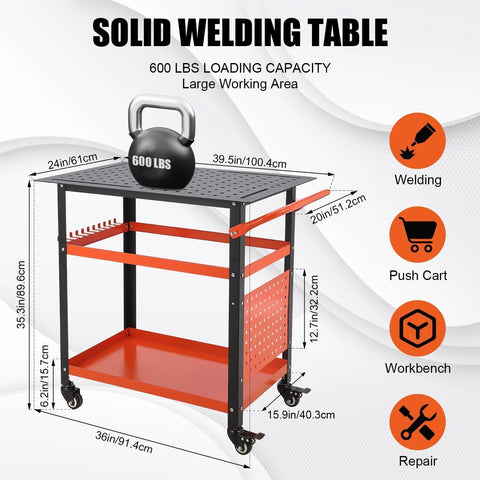 Beefy 36x24 Welding Table Steel Workbench With Five Eighths Inch Fixture Holes Pegboard And Four Tool Slots 1200 Lb Capacity Compact Rolling Cart