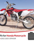 CDI Box Ignition Module For Honda CRF450R 2002 2003 Plug And Play Replacement With Precise Fit Delivers Strong Blue Spark To Spark Plug OEM 30410-MEB-671 Compatible No Mod Needed Keeps Bike Running Smoothly shown with motorcycle in desert.
