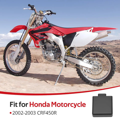 CDI Box Ignition Module For Honda CRF450R 2002 2003 Plug And Play Replacement With Precise Fit Delivers Strong Blue Spark To Spark Plug OEM 30410-MEB-671 Compatible No Mod Needed Keeps Bike Running Smoothly shown with motorcycle in desert.