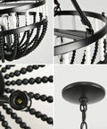 Close up of Boho Beaded Chandelier With Five Lights 16 Inch Black And White Modern Farmhouse Wood Bead Pendant Lighting