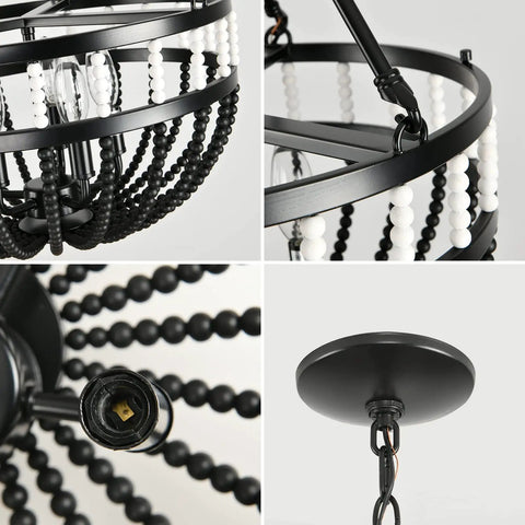 Close up of Boho Beaded Chandelier With Five Lights 16 Inch Black And White Modern Farmhouse Wood Bead Pendant Lighting
