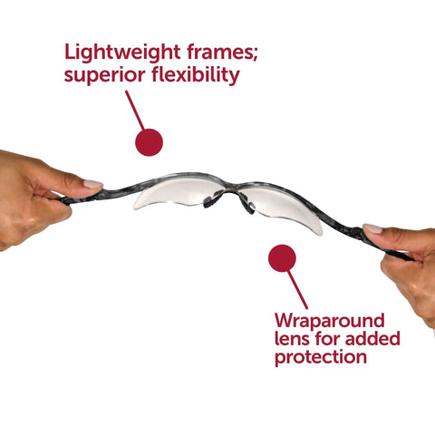 Hands flexing Nemesis Safety Glasses with Clear Anti Fog Lenses and Silver Frame Sporty Lightweight Design for All Day Comfort
